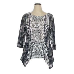 One World Black & White Tie-Dye Pattern 3/4 Sleeve Women's Tunic Top - NWT